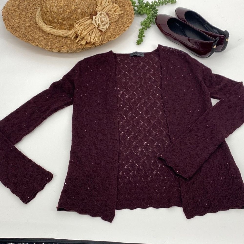 Iceberg Made In Italy Wool Pointelle Cardigan Lightweight Beaded Open Front S